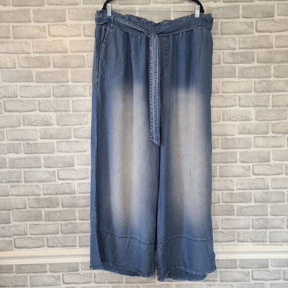 Zenana Palazzo Pants Chambray Wide Leg Paper Bag Waist Casual Frayed Hem NEW 3X - Picture 1 of 8